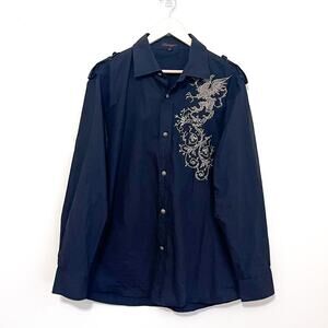 Lanzzino Dragon Mens Shirt Size XL Black Punk Goth Grunge Vamp Asian Button Down